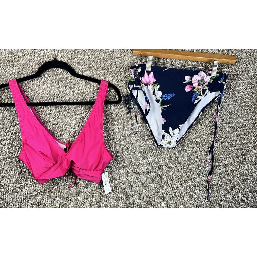 NWT Cupshe Womens Two Pieces Size XL Blue Pink Floral Side Tie Swim Suit Bikini
